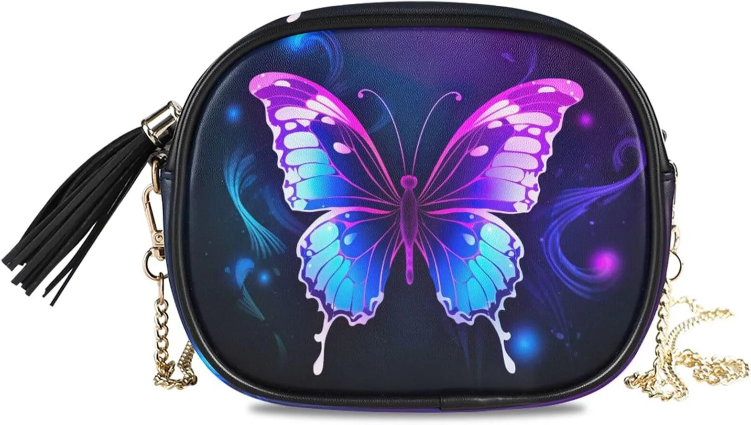 Crossbody Shoulder Bag Tassel Purse Purple Butterfly PU leather Small Handbag Fashion Evening Clutch with Chain