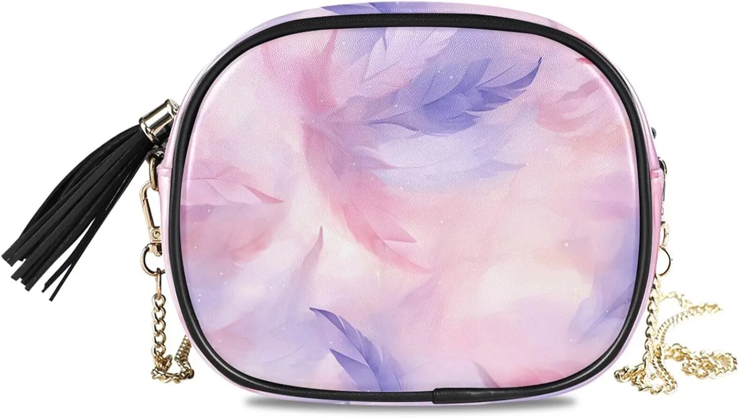 Crossbody Shoulder Bag Tassel Purse Watercolor Feather PU leather Small Handbag Fashion Evening Clutch with Chain