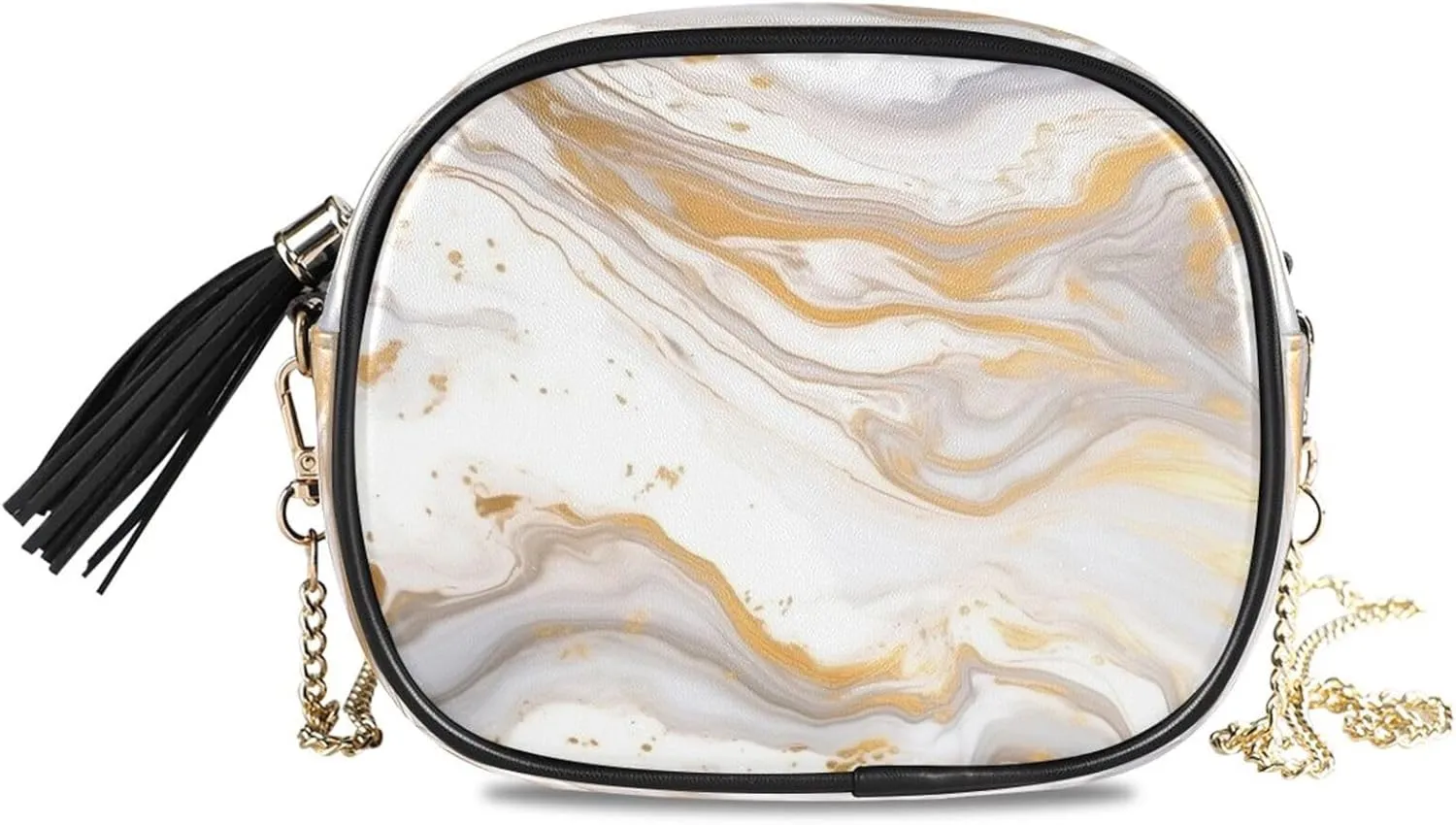 Crossbody Shoulder Bag Tassel Purse White Golden Marble PU leather Small Handbag Fashion Evening Clutch with Chain