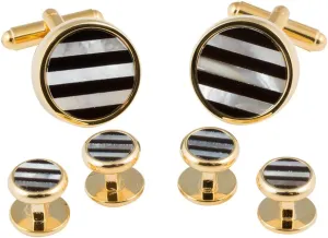 Cuff-Daddy Striped Onyx and Mother of Pearl Gold Cufflinks and Studs Round Formal Set with Presentation Gift Box Unique Fashion Designed French Cuff Links Mens Wedding Business Best Gifts for Men