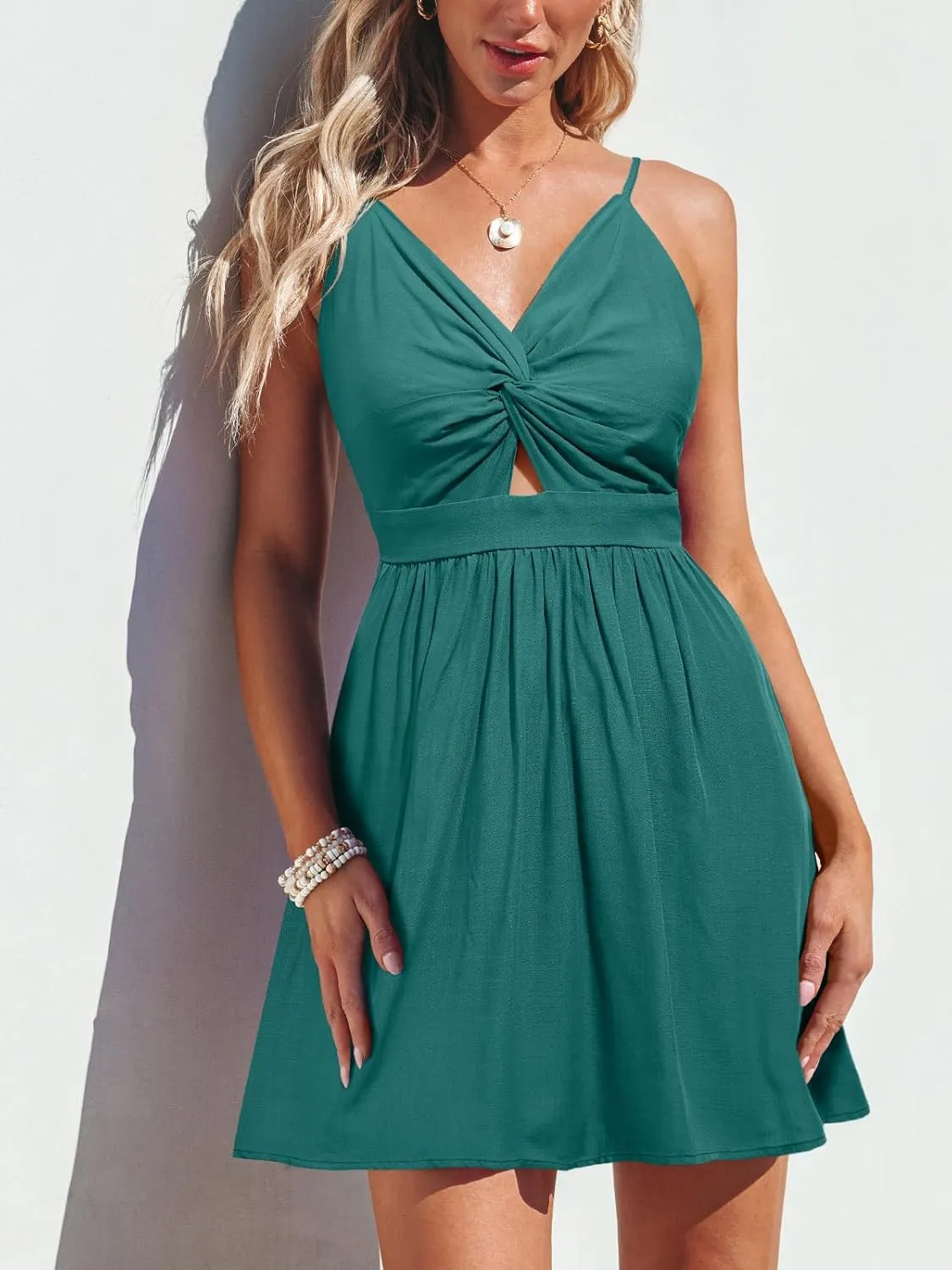CUPSHE Women's Mini Dress Floral Twisted V Neck Sleeveless Short Dress Pleated Self Tie Back Mini Dress