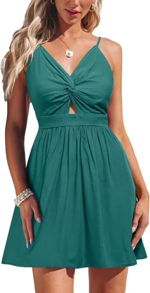 CUPSHE Women's Mini Dress Floral Twisted V Neck Sleeveless Short Dress Pleated Self Tie Back Mini Dress