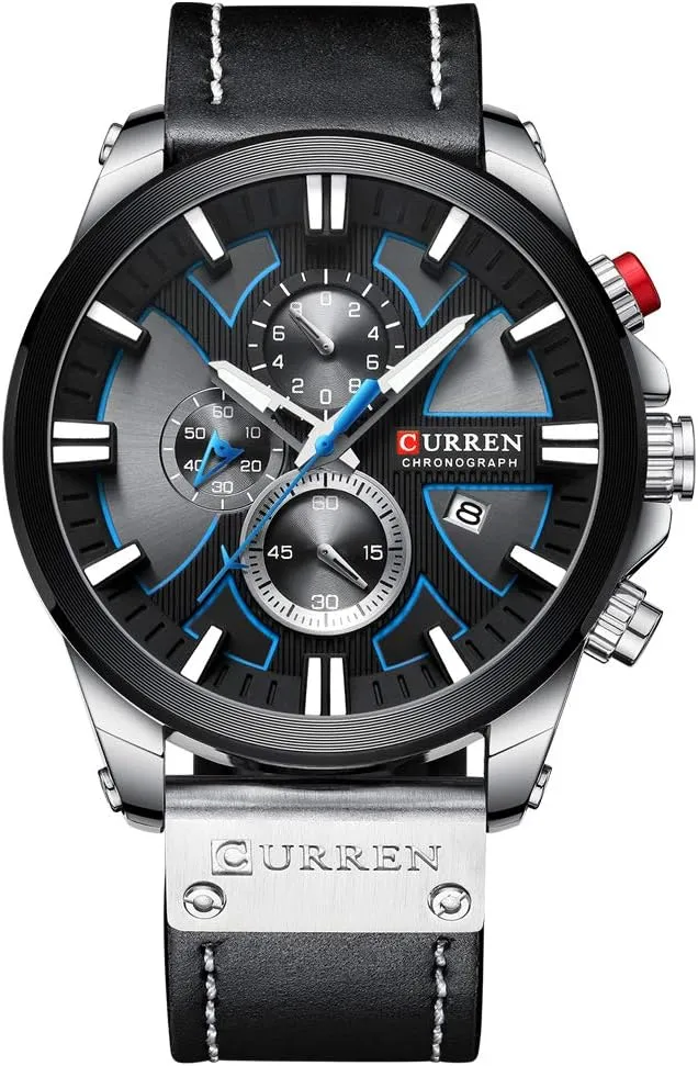 CURREN Mens Watches Chronograph Big Dial Male Watch Wrist Leather Waterproof Sport Army Military (Silver Black)