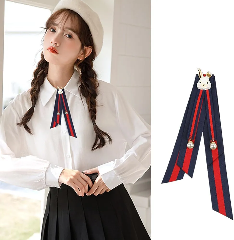 Cute Rabbit Bow Tie Brooch Pins Pre-Tied NeckTie Brooch Pin Striped Ribbon Bow Tie for Women Girls Ceremony Wedding Party