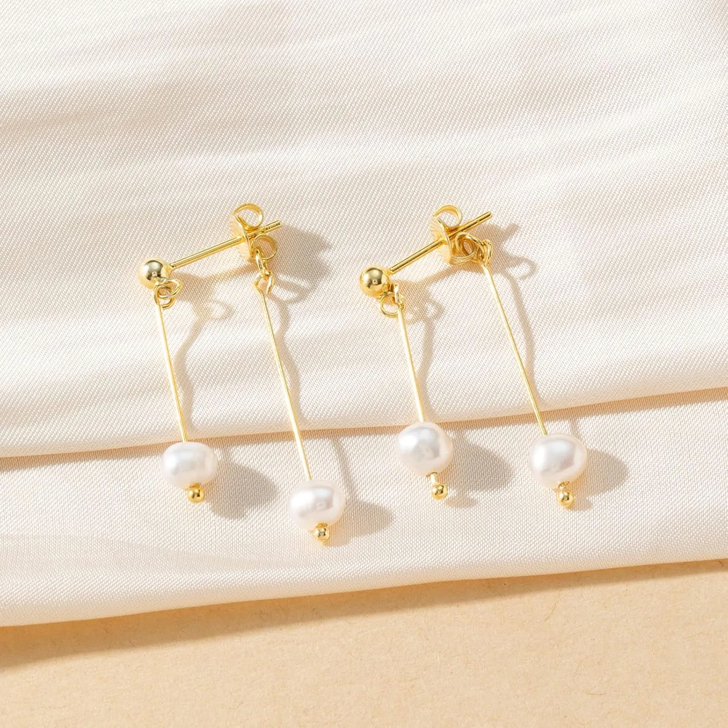 DAILY VIBES 14K Gold Freshwater Pearl Drop Earrings Dangle Dainty Long White Cultured Baroque Pearl Earrings for Women Statement Stud Ball Chain Tassel Jewelry for Bridal Wedding