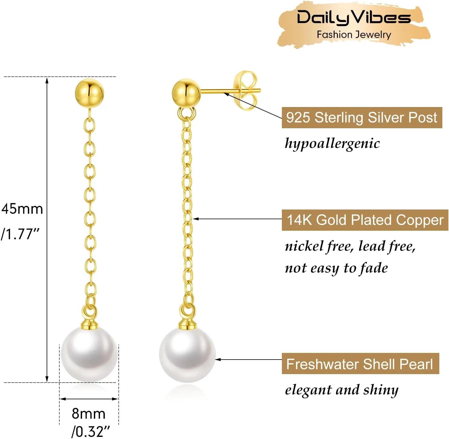 DAILY VIBES 14K Gold Freshwater Pearl Drop Earrings Dangle Dainty Long White Cultured Baroque Pearl Earrings for Women Statement Stud Ball Chain Tassel Jewelry for Bridal Wedding