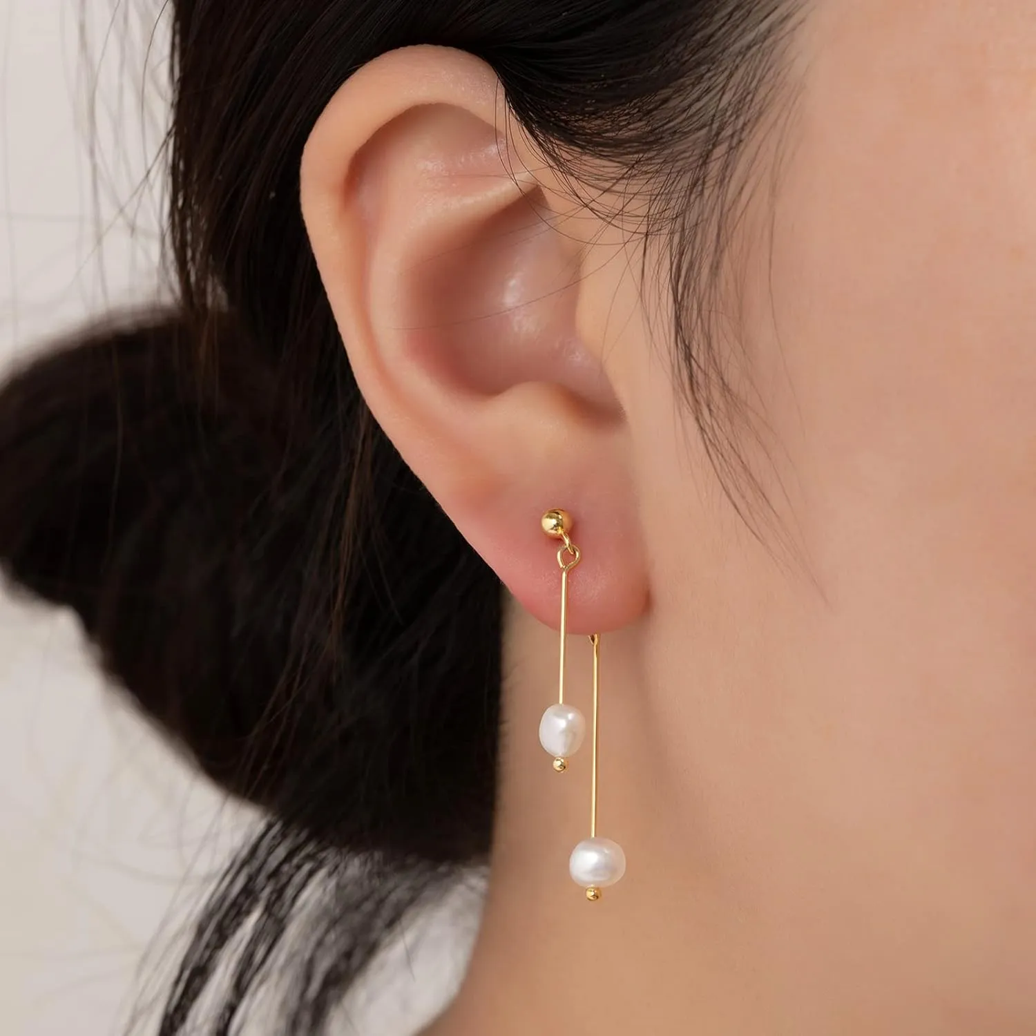 DAILY VIBES 14K Gold Freshwater Pearl Drop Earrings Dangle Dainty Long White Cultured Baroque Pearl Earrings for Women Statement Stud Ball Chain Tassel Jewelry for Bridal Wedding