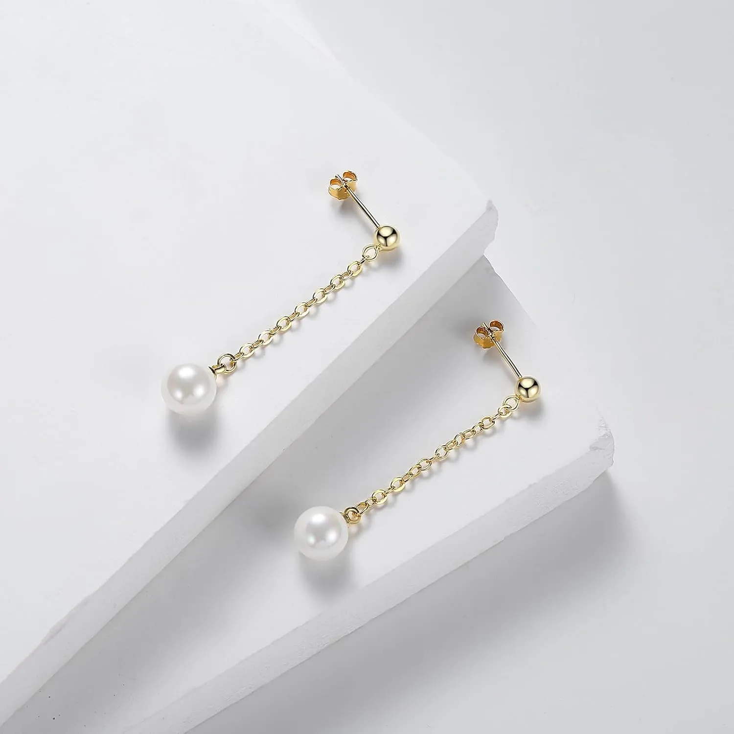 DAILY VIBES 14K Gold Freshwater Pearl Drop Earrings Dangle Dainty Long White Cultured Baroque Pearl Earrings for Women Statement Stud Ball Chain Tassel Jewelry for Bridal Wedding