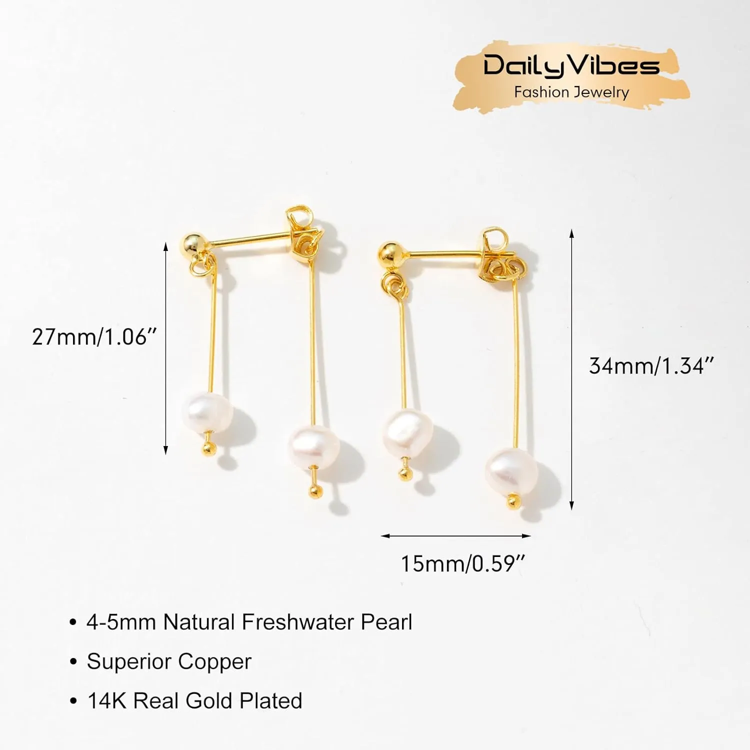 DAILY VIBES 14K Gold Freshwater Pearl Drop Earrings Dangle Dainty Long White Cultured Baroque Pearl Earrings for Women Statement Stud Ball Chain Tassel Jewelry for Bridal Wedding