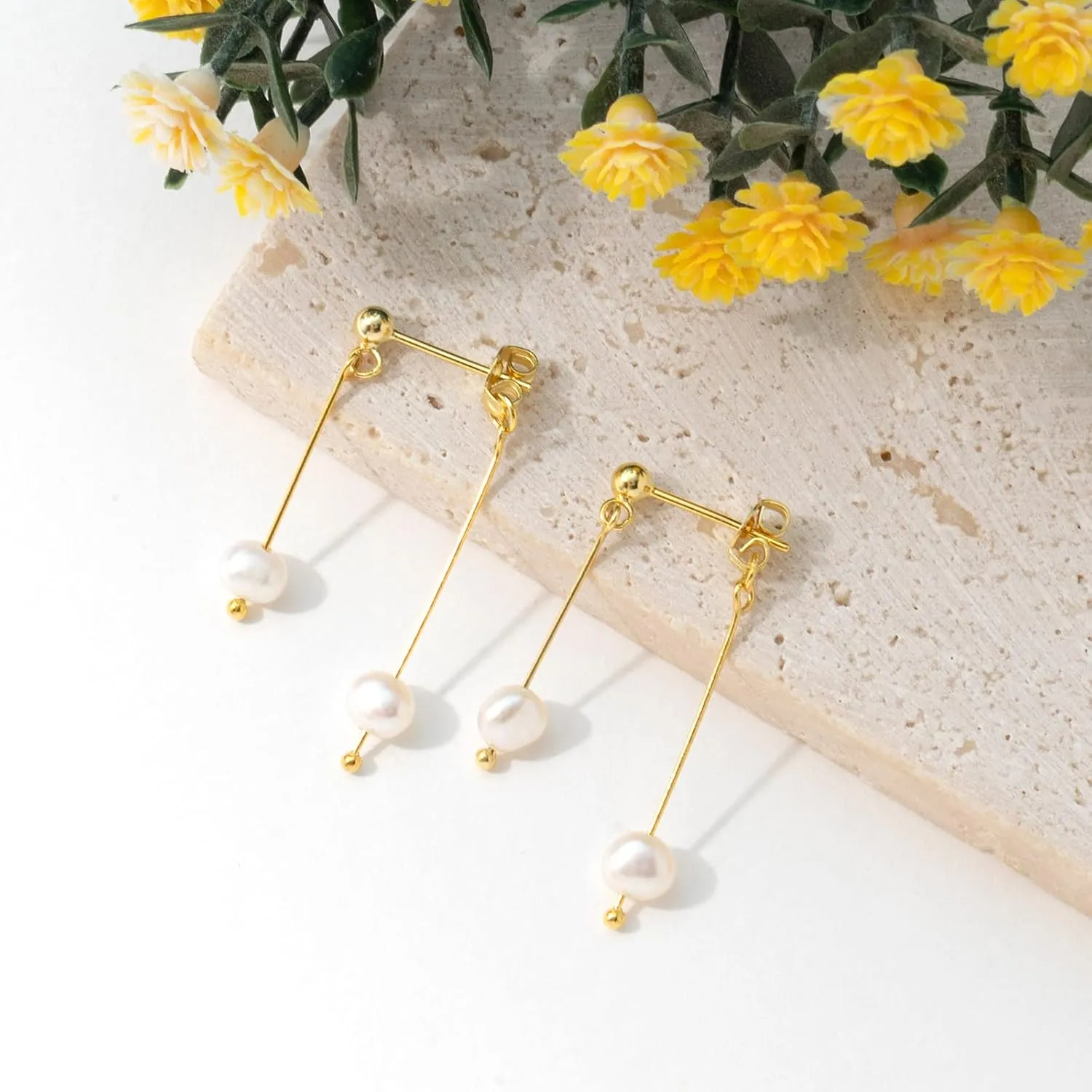 DAILY VIBES 14K Gold Freshwater Pearl Drop Earrings Dangle Dainty Long White Cultured Baroque Pearl Earrings for Women Statement Stud Ball Chain Tassel Jewelry for Bridal Wedding