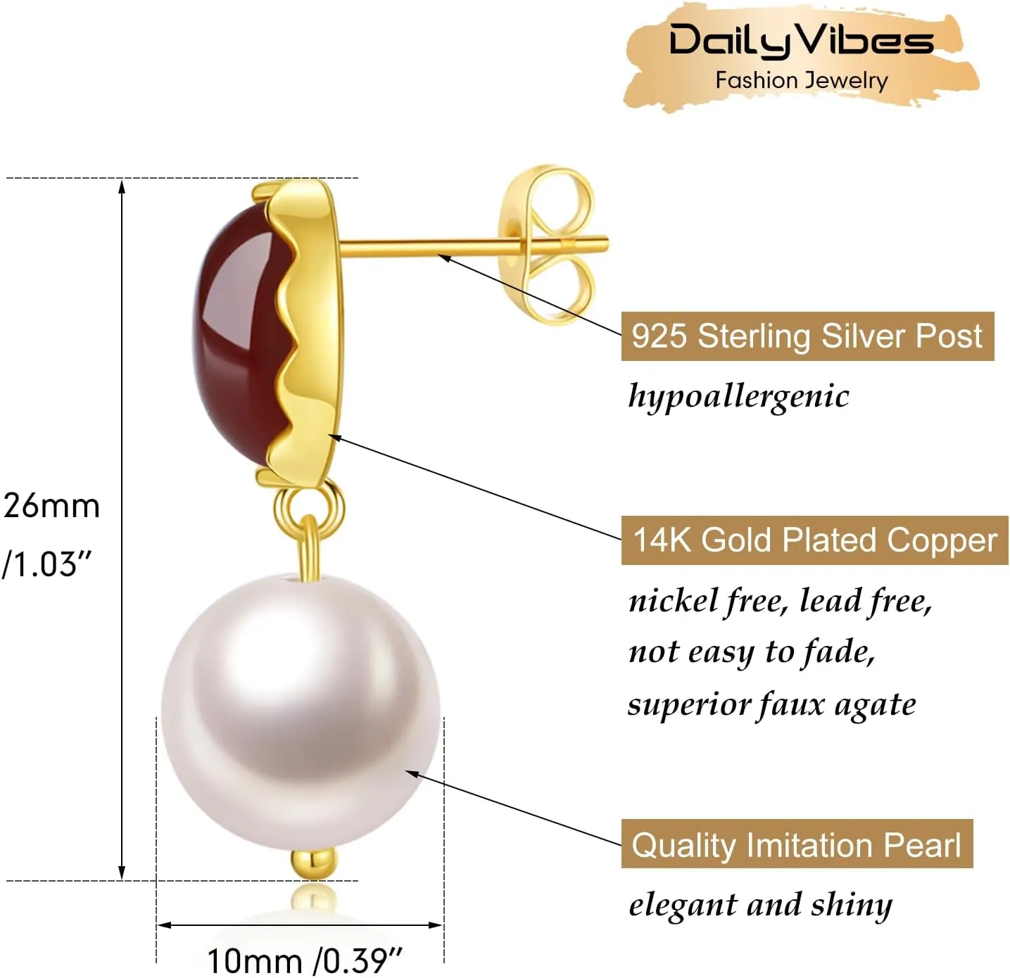 DAILY VIBES 14K Gold Freshwater Pearl Drop Earrings Dangle Dainty Long White Cultured Baroque Pearl Earrings for Women Statement Stud Ball Chain Tassel Jewelry for Bridal Wedding