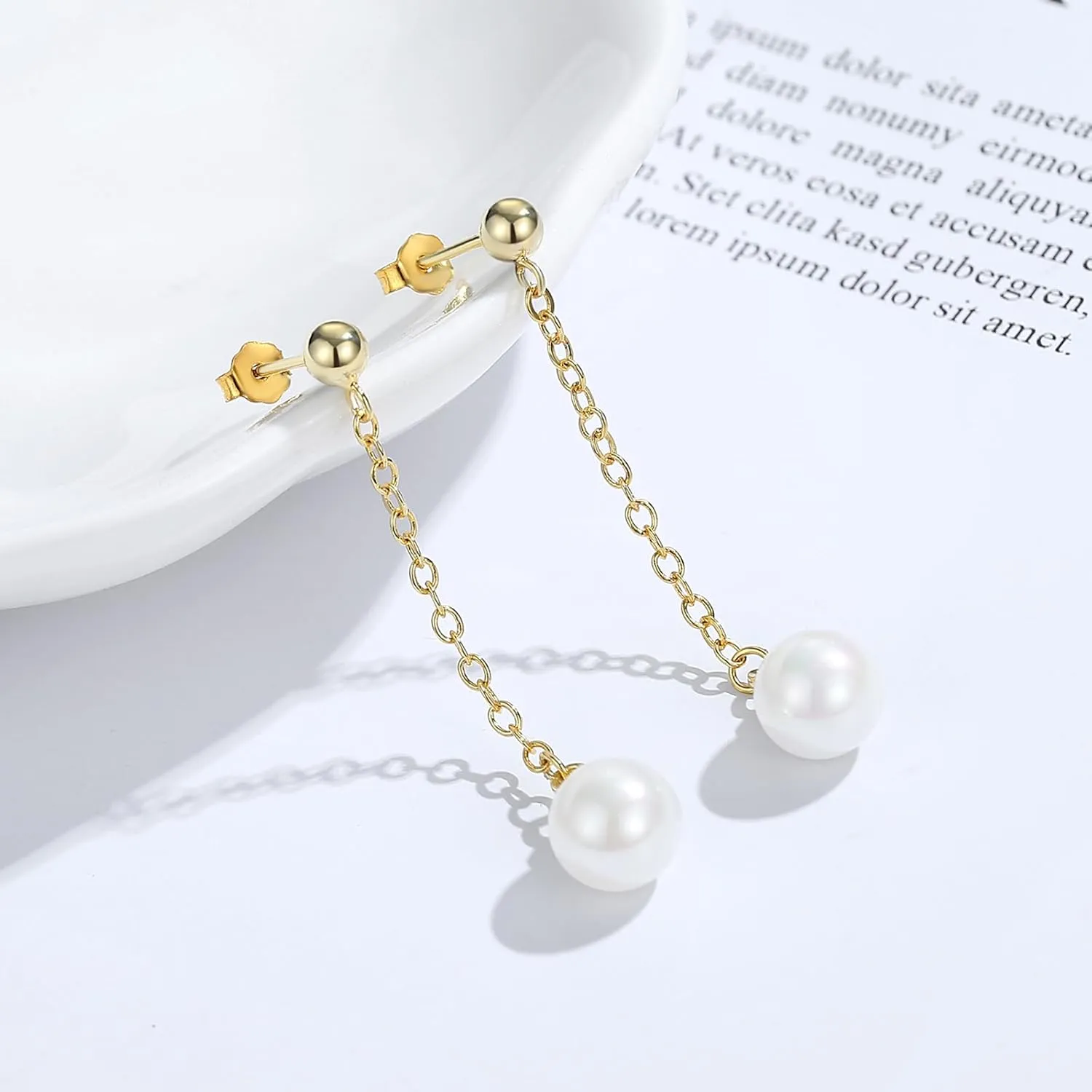 DAILY VIBES 14K Gold Freshwater Pearl Drop Earrings Dangle Dainty Long White Cultured Baroque Pearl Earrings for Women Statement Stud Ball Chain Tassel Jewelry for Bridal Wedding