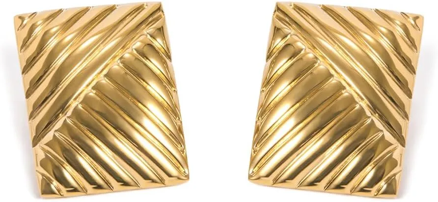 Dainty Chunky Textured Rectangle18K Gold Plated Statement Big Stud Earrings for Women Vintage Trendy Stainless Steel Hypoallergenic Geometric Stripe Unique Design Studs Fashion Jewelry Gift