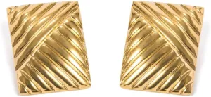 Dainty Chunky Textured Rectangle18K Gold Plated Statement Big Stud Earrings for Women Vintage Trendy Stainless Steel Hypoallergenic Geometric Stripe Unique Design Studs Fashion Jewelry Gift