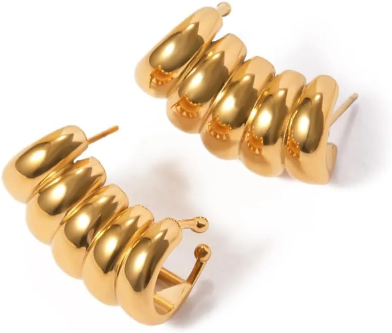 Dainty Stripe Hollow Cuff Wrap Climber Crawler Earrings for Women Gold Plated Stainless Steel Minimalist Hypoallergenic Clip On Stud Unique Design Fashion Trendy Jewelry Gift