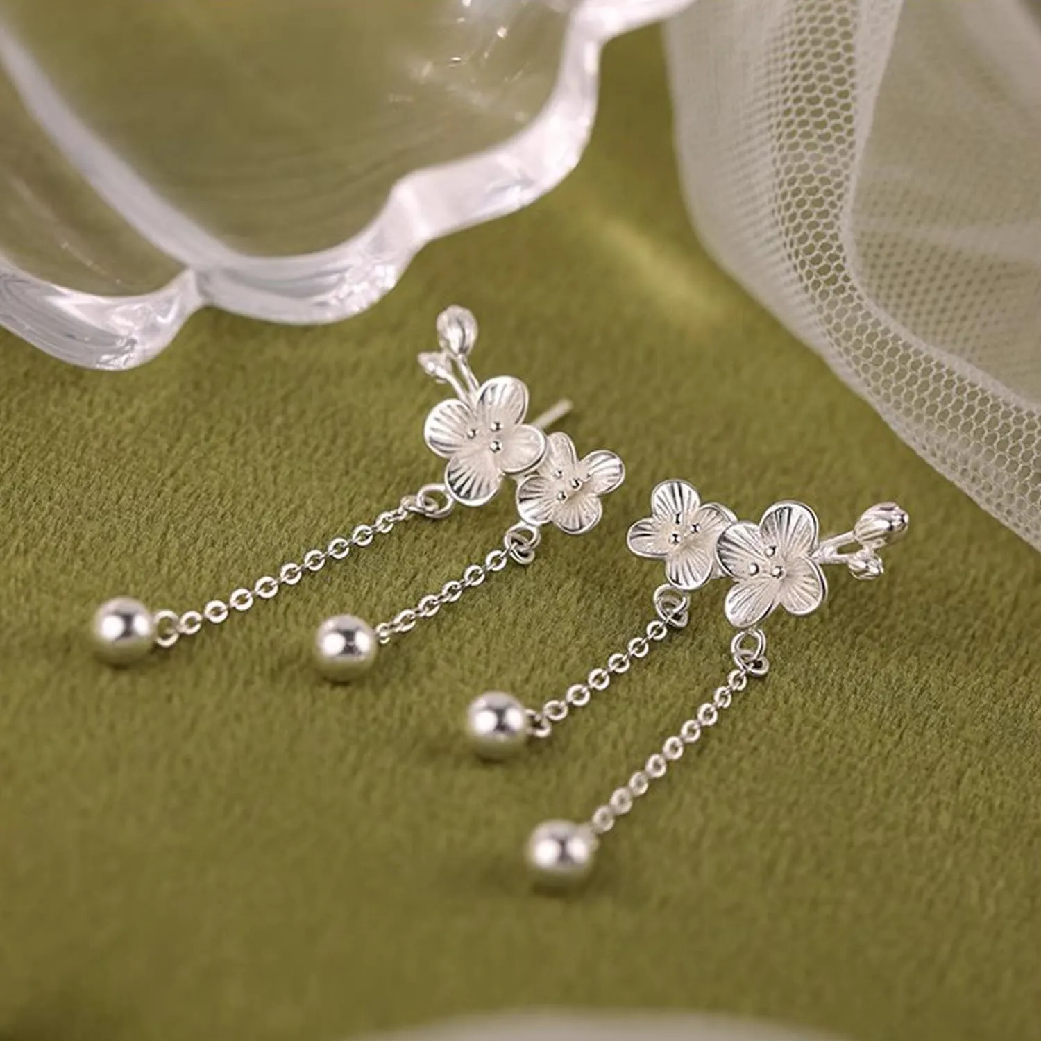 Dangle Flower Drop Earrings For Women Trendy Long Threader Chain Dainty Pearl Wedding Earrings For Brides CZ Cute 14K Gold Statement Jewelry