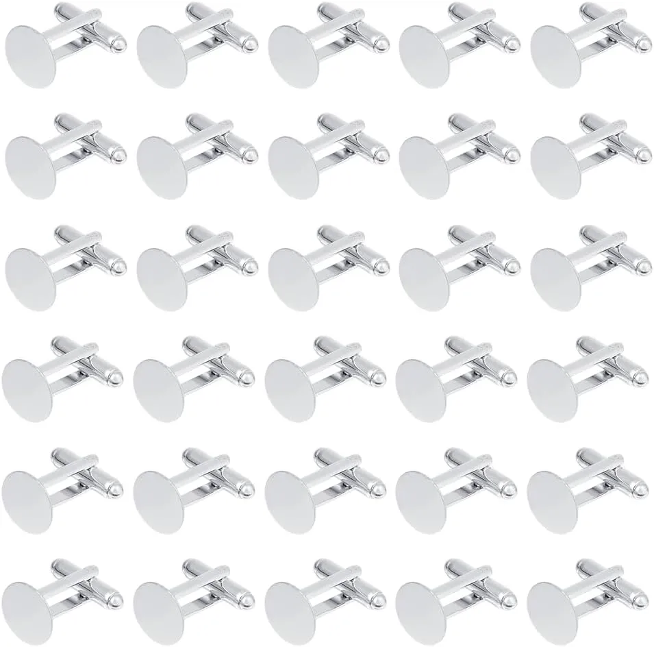 DICOSMETIC 30Pcs Mens Cufflinks Silver Blank Cufflinks Bulk Brass Cufflink Studs Cuff Buttons with Clear Glass Cabochons for Apparel Clothes Buttons Making, Tray: 18mm