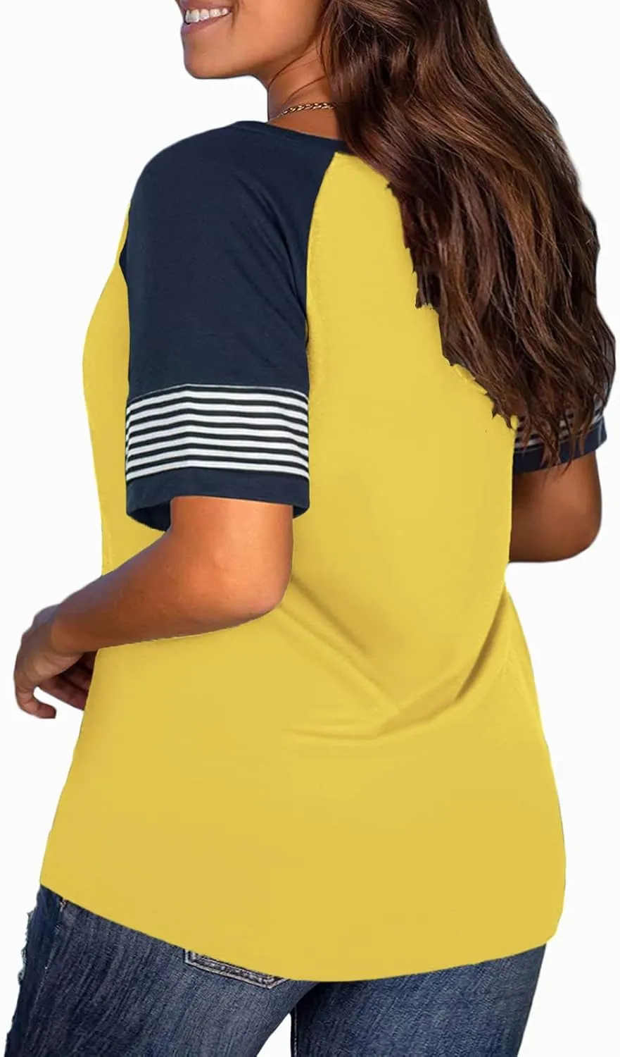 DOLNINE Womens Plus-Size Tops Raglan V Neck T Shirts Striped Short Sleeve Tunics