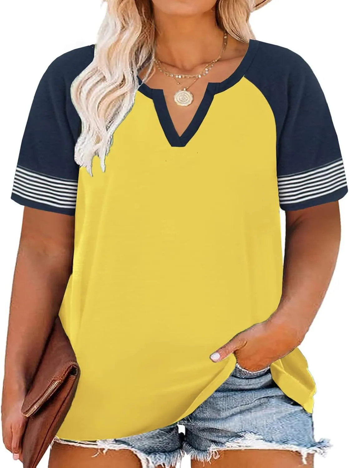 DOLNINE Womens Plus-Size Tops Raglan V Neck T Shirts Striped Short Sleeve Tunics