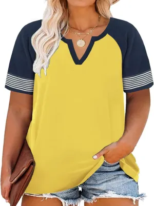 DOLNINE Womens Plus-Size Tops Raglan V Neck T Shirts Striped Short Sleeve Tunics