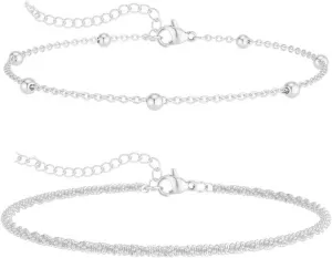 Double Layer Gold Anklet Sets for Women Silver Bead Decor Anklets Pendent Cubic Zirconia Decorative Adjustable Length Anklets Birthday Holidays Hypoallergenic Jewelry