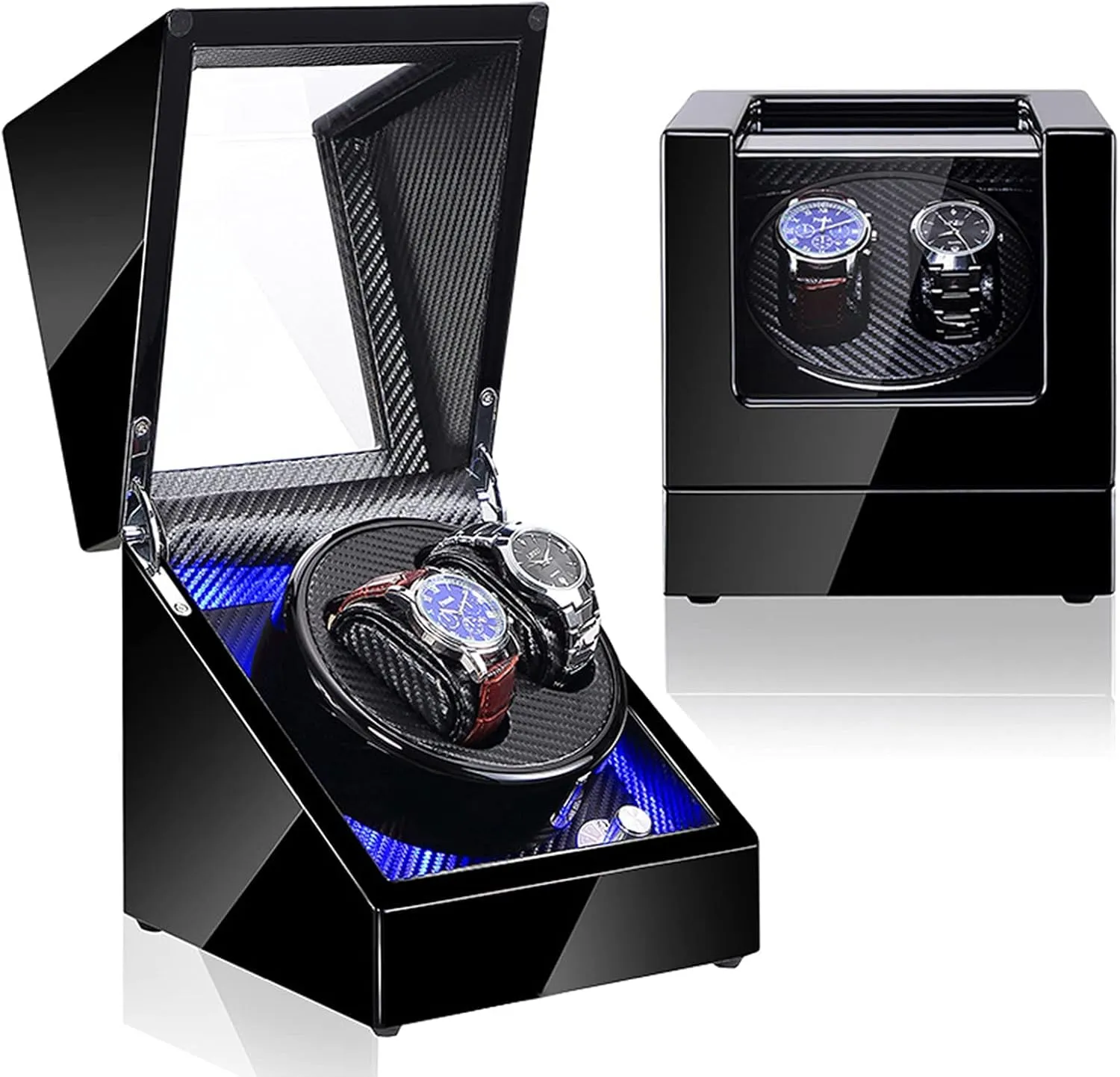 Double Watch Winder Box Luxury Mechanical Watch Storage Case Wood Shell Piano Paint Self Winding Watch Rotator Box with LED Lights Quiet Motor Dual Power Supply Velvet 002