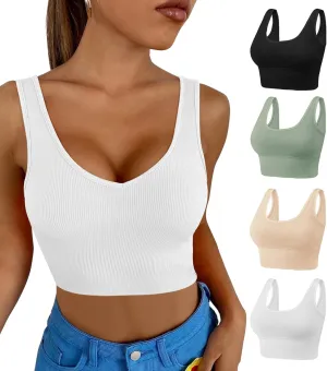 Dreamcountry Women's Slim Fit Ribbed Tank Top, Seamless Removable Padded Bralettes Yoga Crop Tank Tops Bras for Women