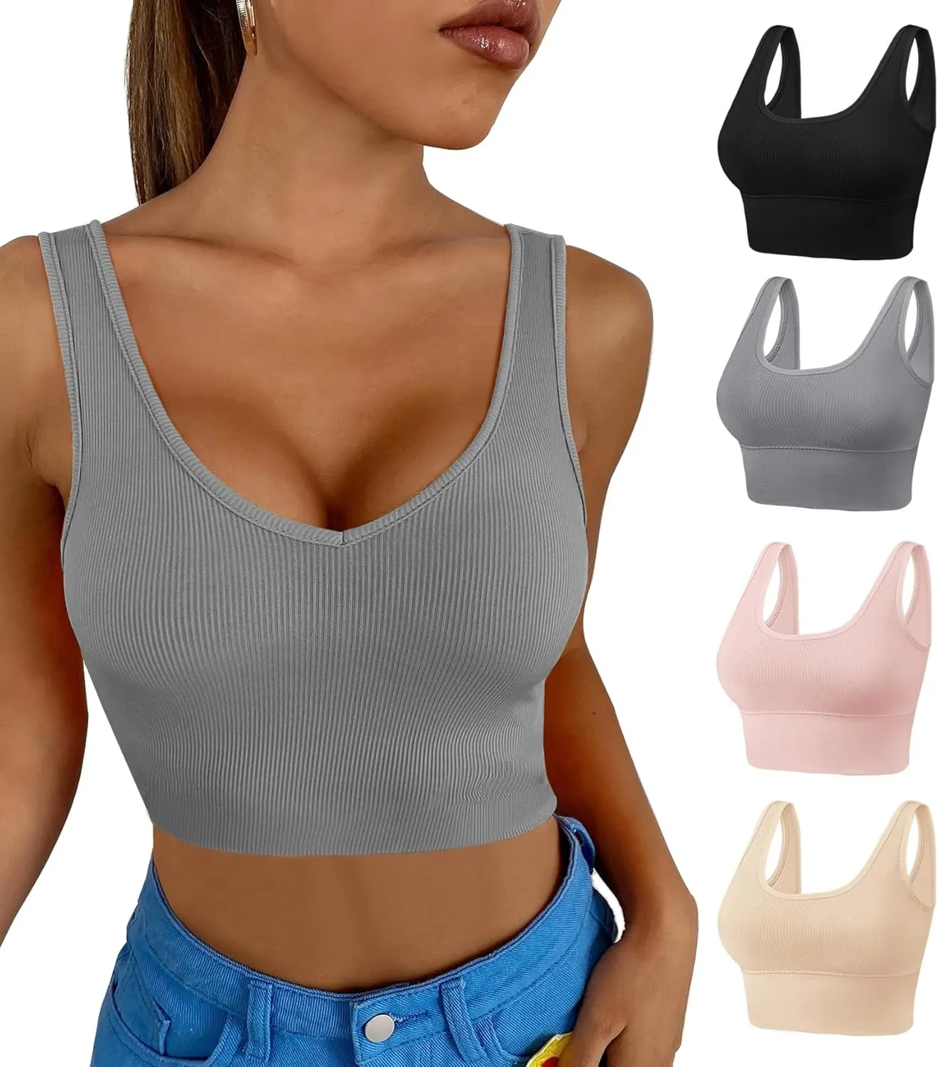 Dreamcountry Women's Slim Fit Ribbed Tank Top, Seamless Removable Padded Bralettes Yoga Crop Tank Tops Bras for Women