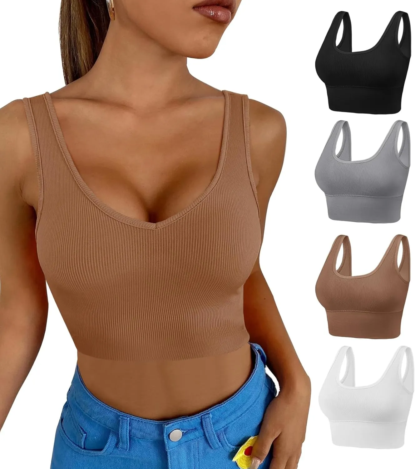 Dreamcountry Women's Slim Fit Ribbed Tank Top, Seamless Removable Padded Bralettes Yoga Crop Tank Tops Bras for Women
