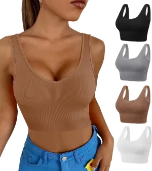 Dreamcountry Women's Slim Fit Ribbed Tank Top, Seamless Removable Padded Bralettes Yoga Crop Tank Tops Bras for Women
