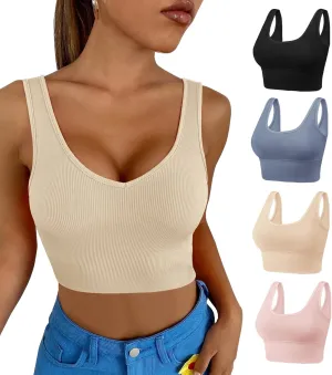 Dreamcountry Women's Slim Fit Ribbed Tank Top, Seamless Removable Padded Bralettes Yoga Crop Tank Tops Bras for Women