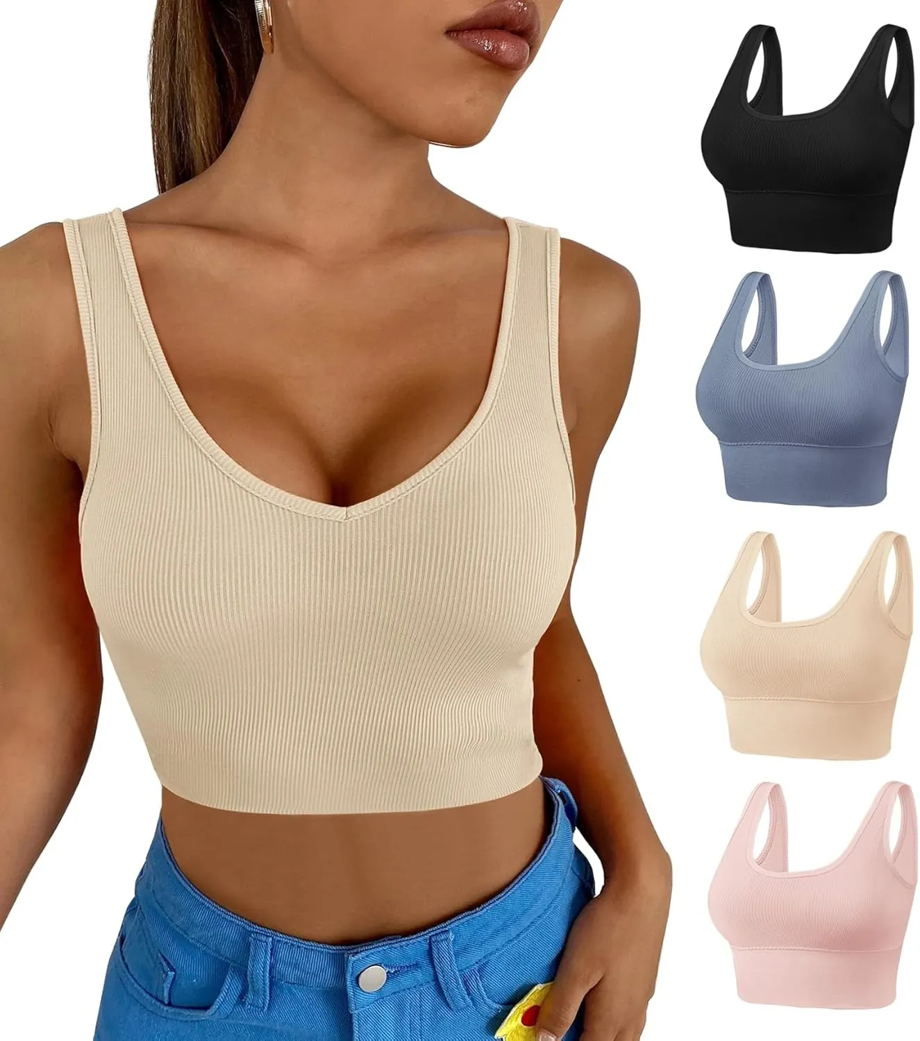 Dreamcountry Women's Slim Fit Ribbed Tank Top, Seamless Removable Padded Bralettes Yoga Crop Tank Tops Bras for Women