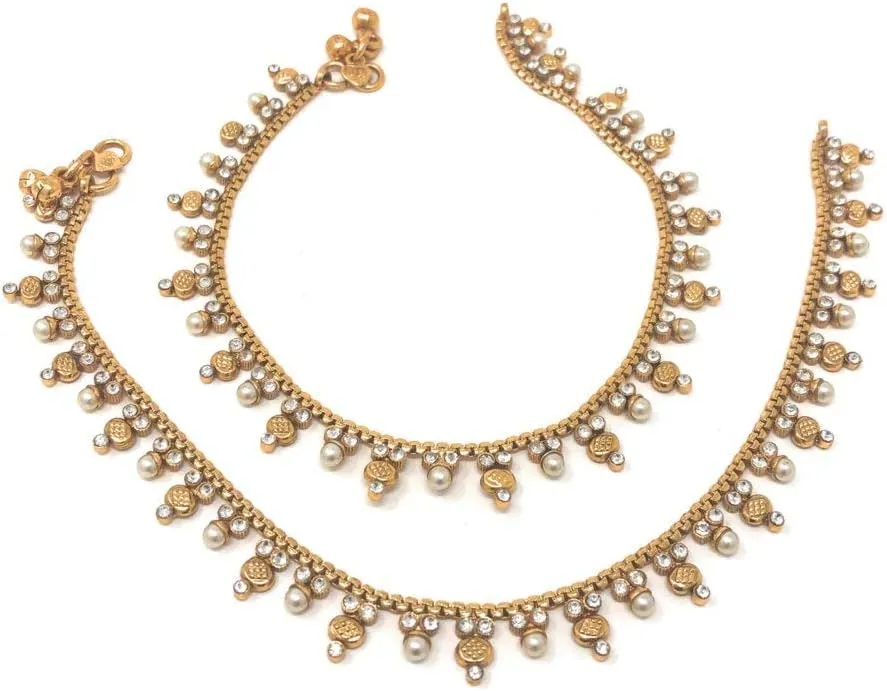 Duel On Jewel Indian Payal Bell Anklet Set for Women with Pearls and Cubic Zircon, Layered Chain Design with Dangling Charms, Gold Plated, 10.25-Inch, Perfect for Wedding, Party, Dance, Beach, Gift