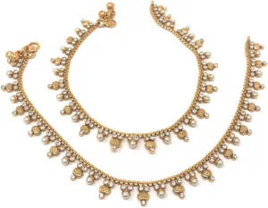 Duel On Jewel Indian Payal Bell Anklet Set for Women with Pearls and Cubic Zircon, Layered Chain Design with Dangling Charms, Gold Plated, 10.25-Inch, Perfect for Wedding, Party, Dance, Beach, Gift