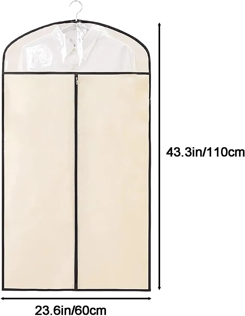 Durable Garment Bags for Hanging Clothes, Garmet Bag with Clear Window, Clothes Garment Bags for Storage, for Suits, Jackets, Dresses(Beige,43.3in/110cm)