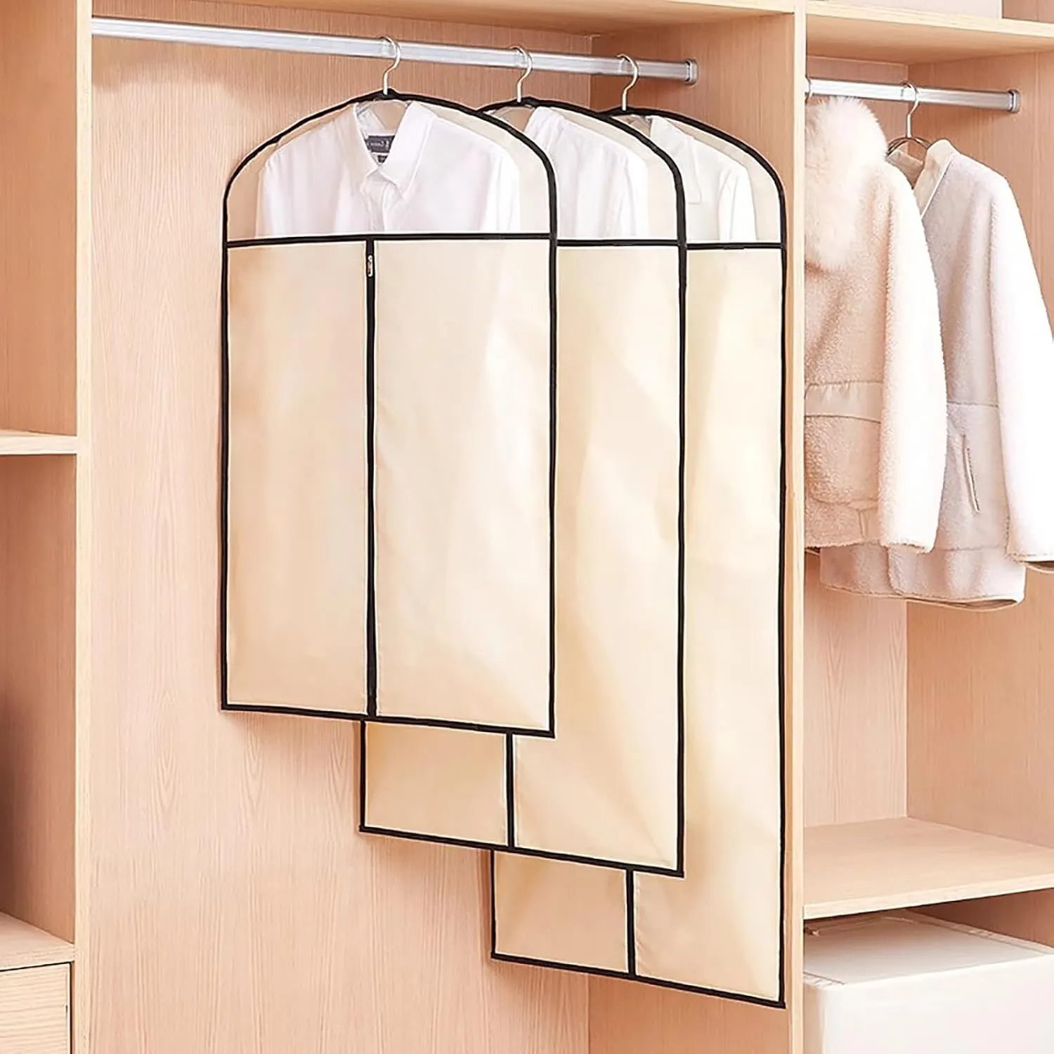 Durable Garment Bags for Hanging Clothes, Garmet Bag with Clear Window, Clothes Garment Bags for Storage, for Suits, Jackets, Dresses(Beige,43.3in/110cm)
