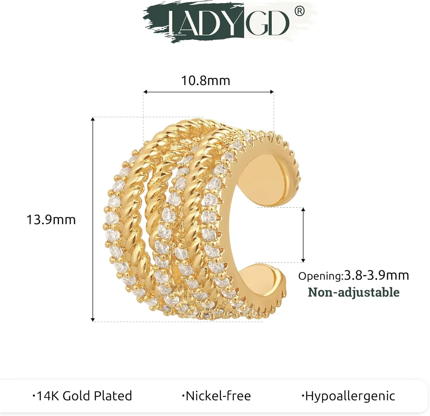 Ear Cuff Earrings for Women 14K Gold Plated Cubic Zirconia Sparkling Trendy Huggie Ear Cuffs Non Piercing | Clip On Cartilage | Single