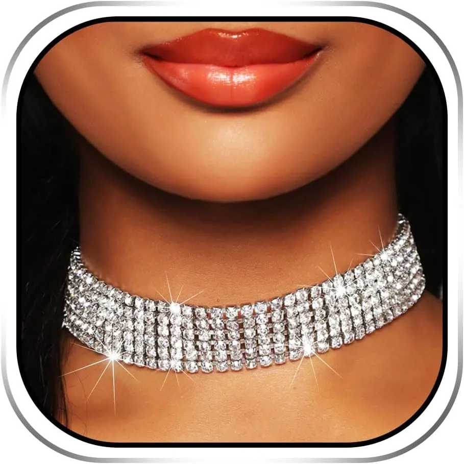EARENT Vintage Layered Crystal Choker Necklace Silver Rhinestone Necklaces Chain Fashion Jewerly for Women