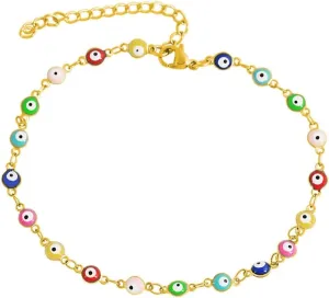Edforce Stainless Steel Multi-Colored Evil Eye Pendant Anklet, 9" 2" Extender