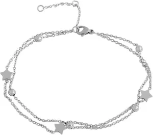 Edforce Stainless Steel Women Girls 3 Classic Star Charms Anklet Bracelet Foot Jewelry, 8.5" 2" Extender