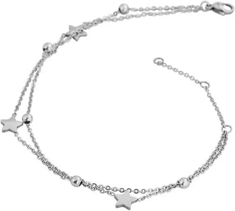 Edforce Stainless Steel Women Girls 3 Classic Star Charms Anklet Bracelet Foot Jewelry, 8.5" 2" Extender
