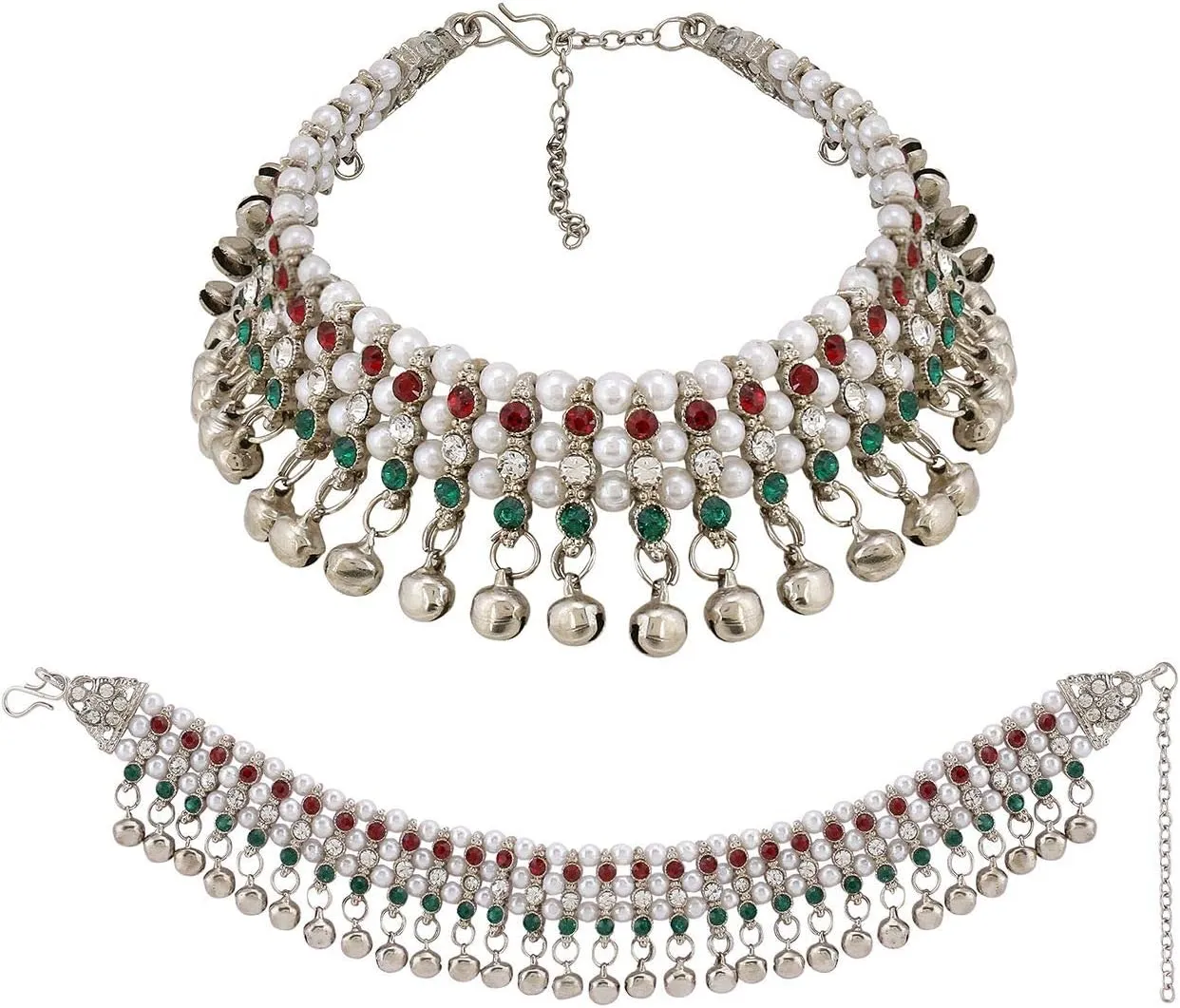 Efulgenz Silver Anklets with Crystal & Faux Pearl - Indian Women's Bell Anklets & Ghungroo Ankle Bracelets