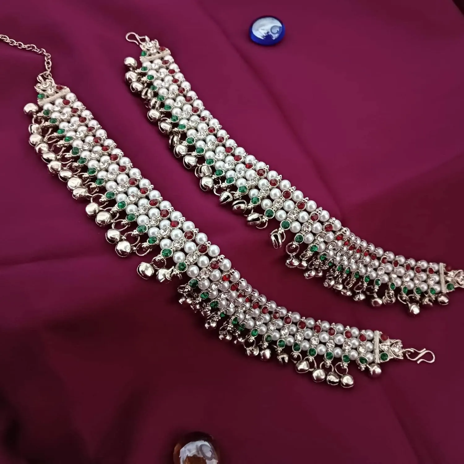 Efulgenz Silver Anklets with Crystal & Faux Pearl - Indian Women's Bell Anklets & Ghungroo Ankle Bracelets