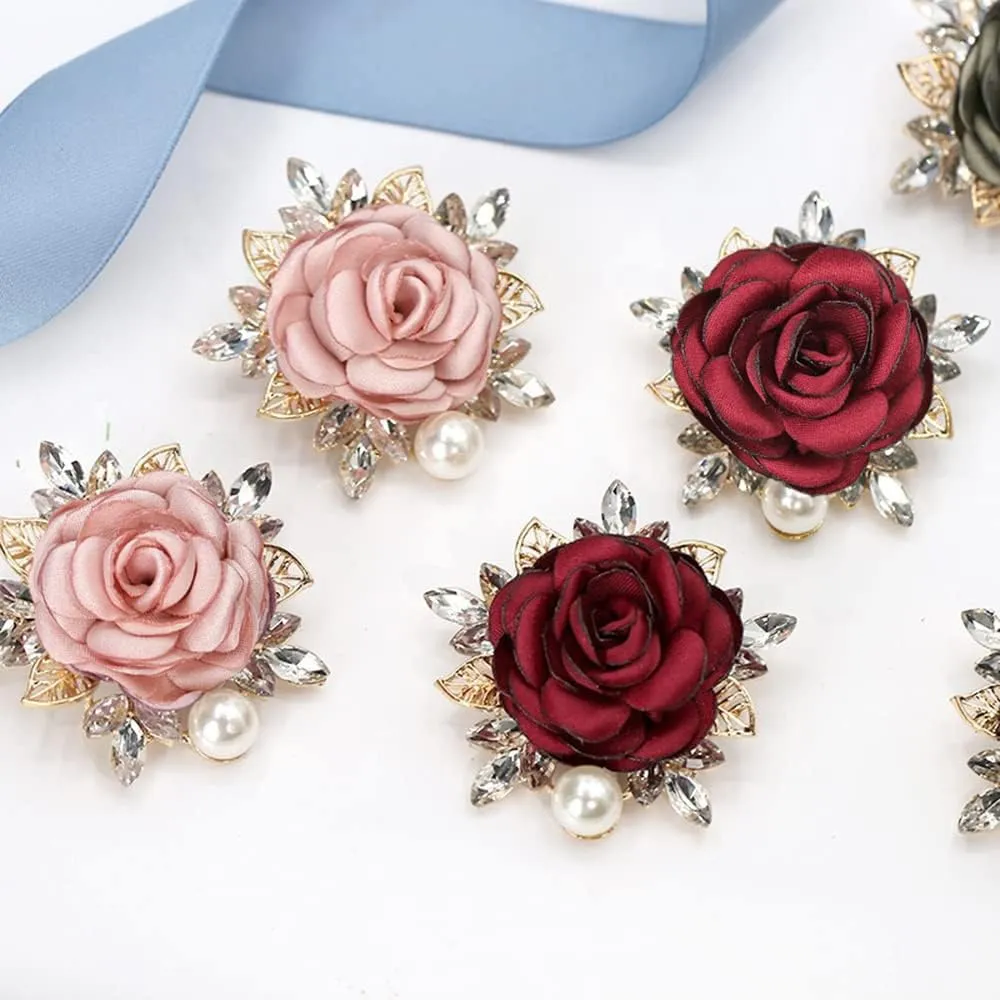 Elegant Rose Flower Brooch Pin for Women Men Wedding Party Gentleman's Essentials Handmade Crystal Pearl Fabric Flower Lapel Pin Dress Suit Accessories Boutonniere Ideas Gift
