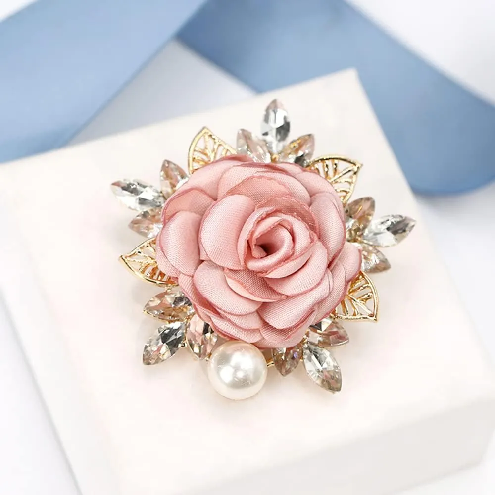 Elegant Rose Flower Brooch Pin for Women Men Wedding Party Gentleman's Essentials Handmade Crystal Pearl Fabric Flower Lapel Pin Dress Suit Accessories Boutonniere Ideas Gift