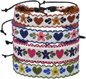Embroidered Bohemian Ethnic Retro Love Bracelet Ribbon Braided Bracelet,Adjustable Simple Casual Friendship Bracelet,Handmade Festival Jewelry for Women Couple,4 Pieces