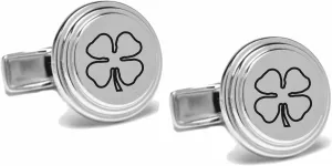 Engraved Beveled Circle Silver Four Leaf Clover Shamrock Cufflinks - Ships From USA