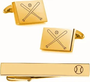 Engraved Gold Baseball Cufflinks & Tie Clip Set - Ships From USA