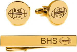 Engraved Gold Football Cufflinks & Tie Clip Set - Ships From USA