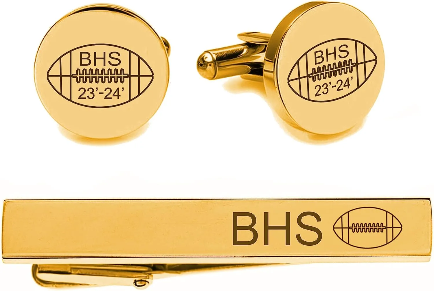 Engraved Gold Football Cufflinks & Tie Clip Set - Ships From USA